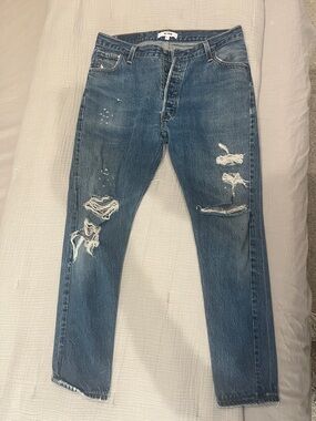 Re/Done Blue Distressed Slim Straight Jeans